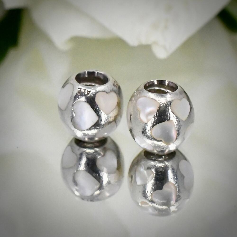 PANDORA 790398MPW Pair Retired Love Me MOP Hearts 925 Silver Charms